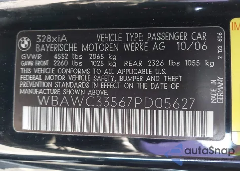 2007 BMW 328Xi from USA, damaged, VIN WBAWC33567PD05627